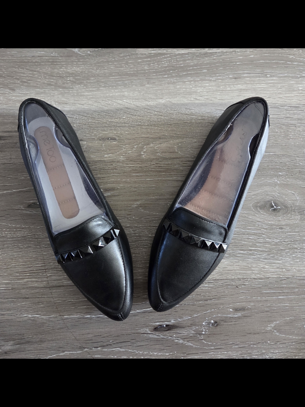 me too Black Pointed Toe Flats with Pyramid Stud Trim
